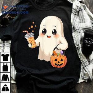 Cute Halloween Ghost With Candy Bucket And Boba Tea Kids Shirt