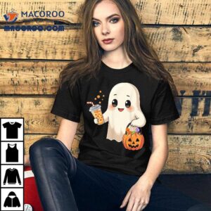 Cute Halloween Ghost With Candy Bucket And Boba Tea Kids Tshirt