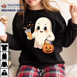 Cute Halloween Ghost With Candy Bucket And Boba Tea Kids Tshirt