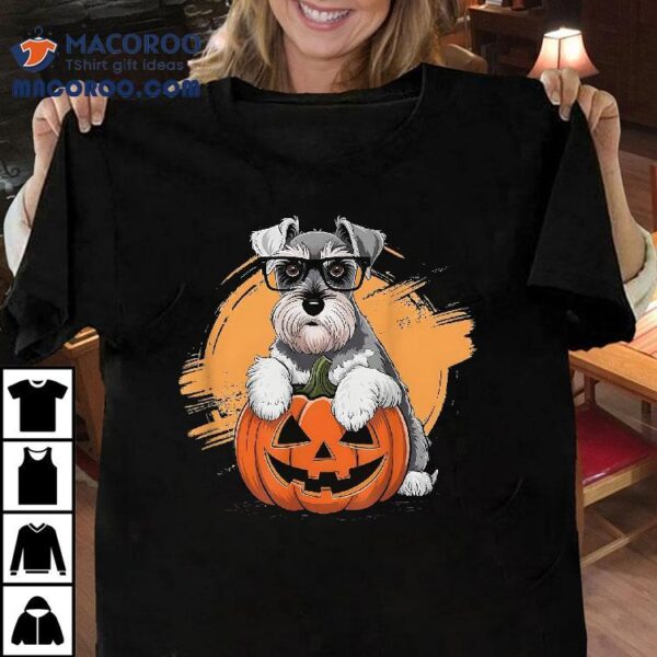 Cute Happy Schnauzer Dog With Pumpkin At Halloween Shirt