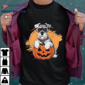 Cute Happy Schnauzer Dog With Pumpkin At Halloween Shirt