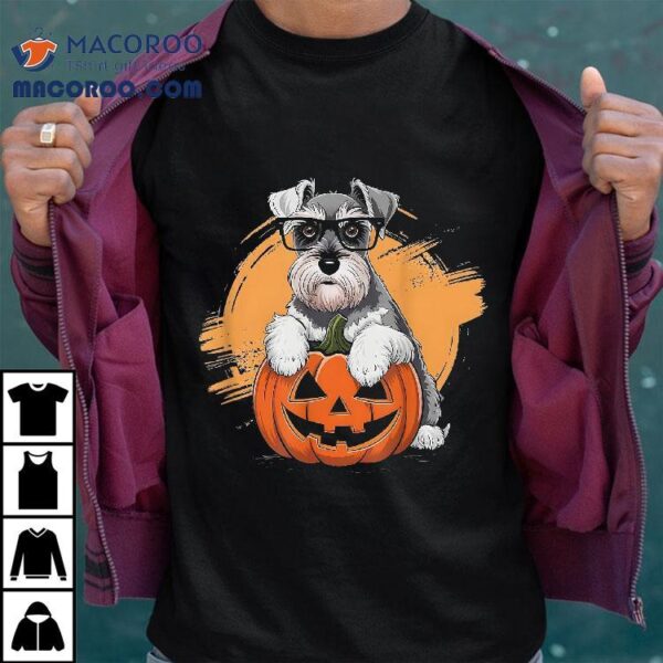 Cute Happy Schnauzer Dog With Pumpkin At Halloween Shirt