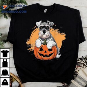 Cute Happy Schnauzer Dog With Pumpkin At Halloween Tshirt