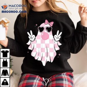 Cute Pink Ghost Blowing Bubble Gum Checkered Halloween Shirt 2 Cute Pink Ghost Blowing Bubble Gum Checkered Halloween Tshirt