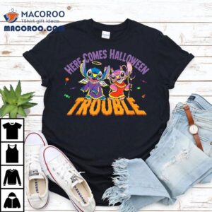 Disney Stitch Amp Angel Here Comes Halloween Trouble Tshirt