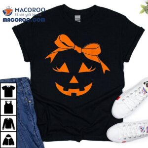Girls Pumpkin Face Coquette Bow Jack O’lantern Fun Halloween Shirt