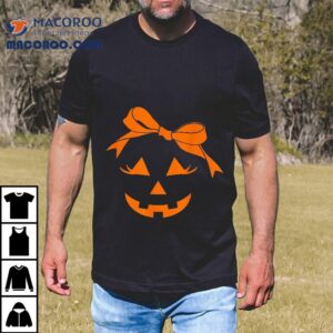 Girls Pumpkin Face Coquette Bow Jack O’lantern Fun Halloween Shirt