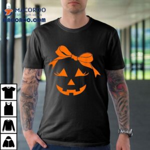 Girls Pumpkin Face Coquette Bow Jack O Lantern Fun Halloween Tshirt