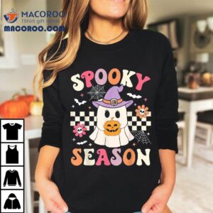 Groovy Spooky Season Retro Ghost Holding Pumpkin Halloween Shirt