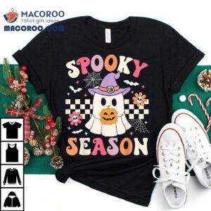 Groovy Spooky Season Retro Ghost Holding Pumpkin Halloween Shirt