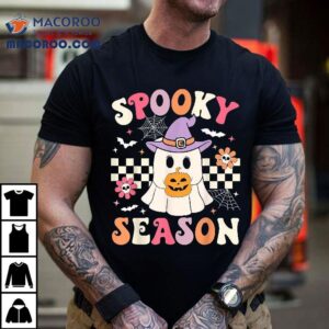 Groovy Spooky Season Retro Ghost Holding Pumpkin Halloween Tshirt