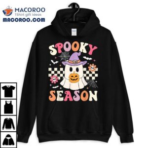 Groovy Spooky Season Retro Ghost Holding Pumpkin Halloween Tshirt