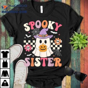 Groovy Spooky Sister Retro Ghost Holding Pumpkin Halloween Shirt