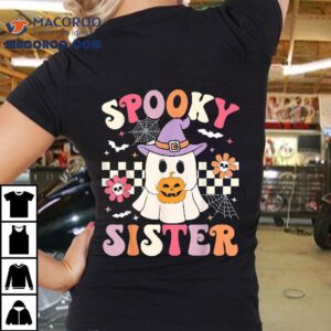 Groovy Spooky Sister Retro Ghost Holding Pumpkin Halloween Tshirt