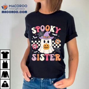 Groovy Spooky Sister Retro Ghost Holding Pumpkin Halloween Tshirt