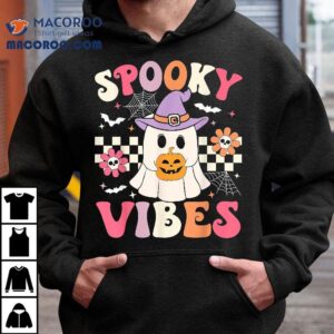 Groovy Spooky Vibes Retro Ghost Holding Pumpkin Halloween Shirt