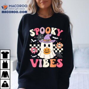 Groovy Spooky Vibes Retro Ghost Holding Pumpkin Halloween Tshirt