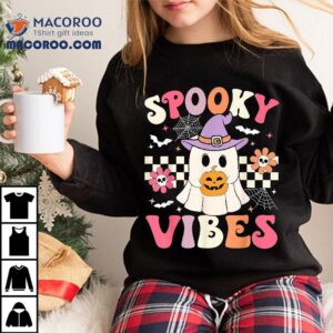 Groovy Spooky Vibes Retro Ghost Holding Pumpkin Halloween Tshirt