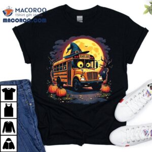 Halloween School Bus With Witch Hat And Pumpkins Spooky Shirt