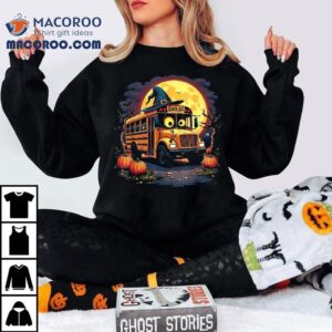 Halloween School Bus With Witch Hat And Pumpkins Spooky Tshirt