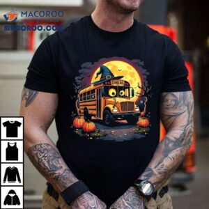 Halloween School Bus With Witch Hat And Pumpkins Spooky Tshirt