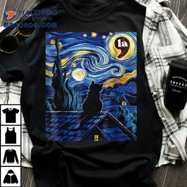 Halloween Starry Night Black Cat Comma La Shirt