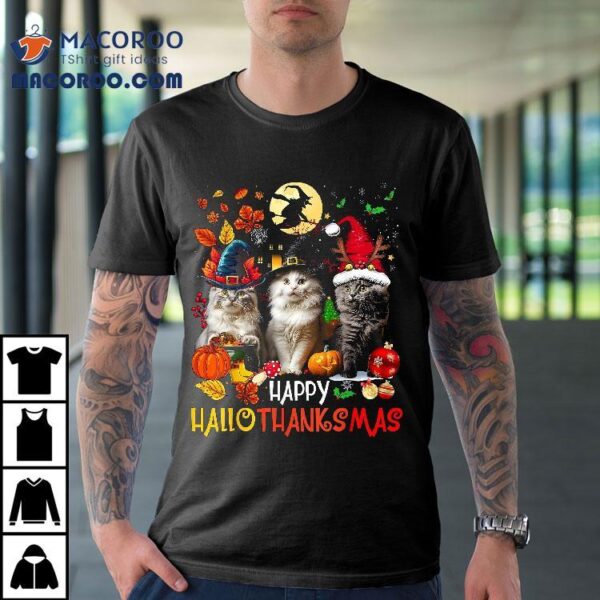 Halloween Thanksgiving Christmas Happy Hallothanksmas Cats Shirt