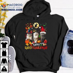 Halloween Thanksgiving Christmas Happy Hallothanksmas Cats Tshirt