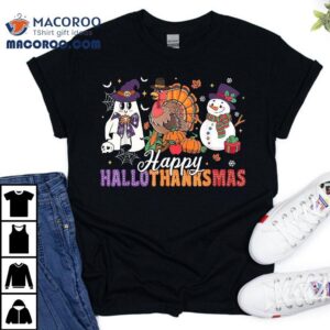 Halloween Thanksgiving Christmas Happy Hallothanksmas Kids Tshirt