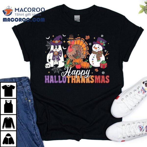 Halloween Thanksgiving Christmas Happy Hallothanksmas Kids Shirt