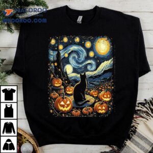 Halloween Van Gogh Starry Night Black Cat Pumpkins Shirt