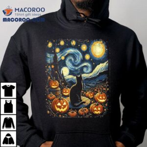 Halloween Van Gogh Starry Night Black Cat Pumpkins Tshirt