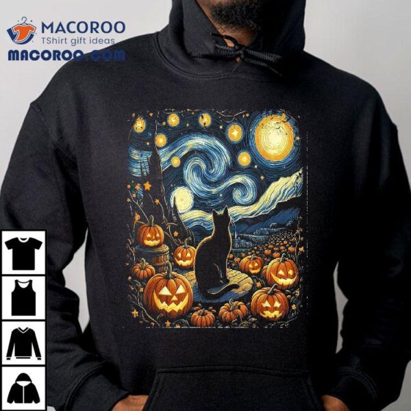 Halloween Van Gogh Starry Night Black Cat Pumpkins Shirt