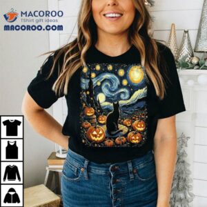 Halloween Van Gogh Starry Night Black Cat Pumpkins Tshirt