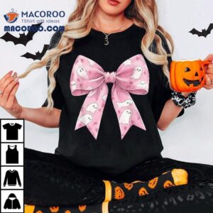 Pink Ghost Bow Coquette Halloween Spooky Season Wo Girls Tshirt