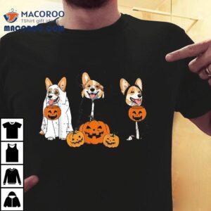 Retro Funny Ghost And Witch Corgi Dog Pumpkin Halloween Cute Tshirt