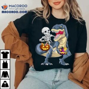 Skeleton Riding Dinosaur Halloween Funny Pumpkin Tshirt