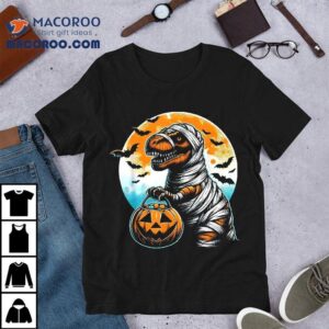 T Rex Dinosaur Mummy Pumpkin Bats Funny Retro Halloween Shirt