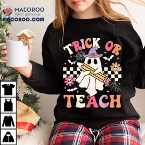 Trick Or Teach Groovy Teacher Halloween Retro Floral Ghost Shirt