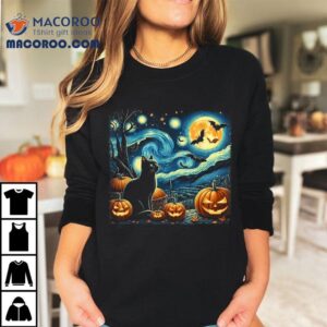 Van Gogh Starry Night Black Cat Halloween Pumpkin Lover Shirt