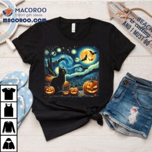 Van Gogh Starry Night Black Cat Halloween Pumpkin Lover Shirt