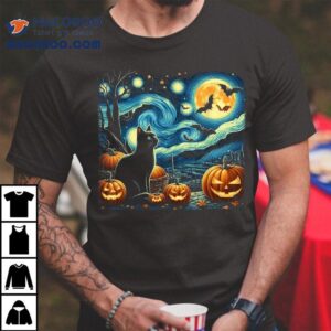 Van Gogh Starry Night Black Cat Halloween Pumpkin Lover Tshirt