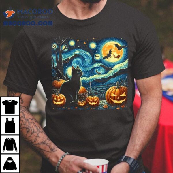 Van Gogh Starry Night Black Cat Halloween Pumpkin Lover Shirt