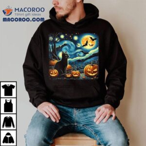 Van Gogh Starry Night Black Cat Halloween Pumpkin Lover Tshirt