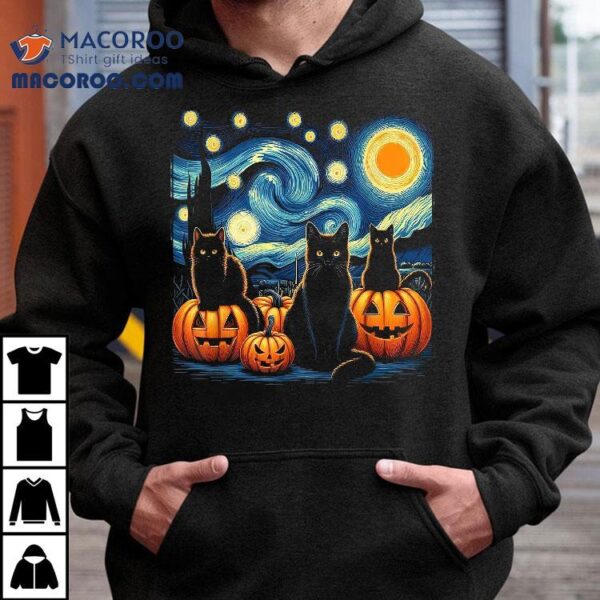 Black Cat Halloween Shirts Lovers Pumpkin Starry Night Shirt