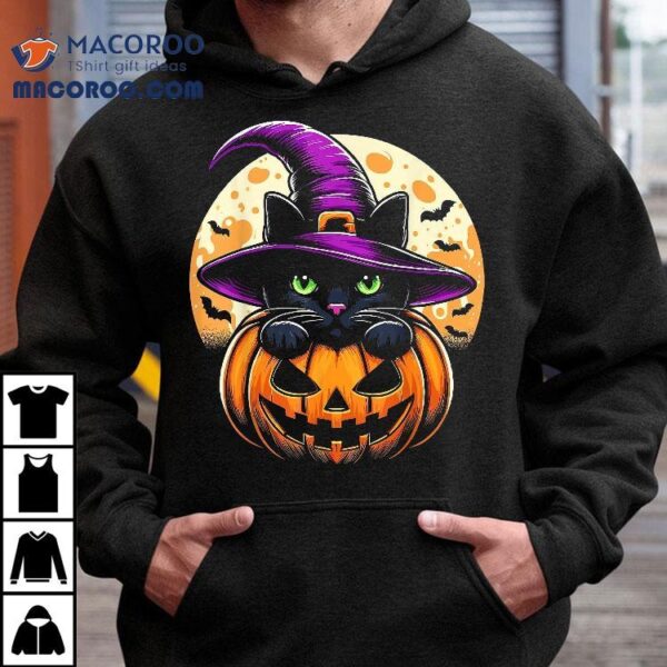 Cat Halloween Pumpkin Black Shirt