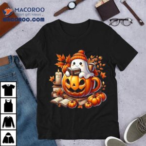Cute Ghost Reading Book Lovers Halloween Autumn Coffee Shirt