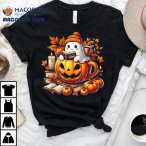 Cute Ghost Reading Book Lovers Halloween Autumn Coffee Tshirt