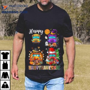 Funny School Bus Witch Turkey Santa Happy Hallothanksmas Boy Shirt