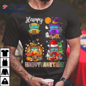 Funny School Bus Witch Turkey Santa Happy Hallothanksmas Boy Tshirt